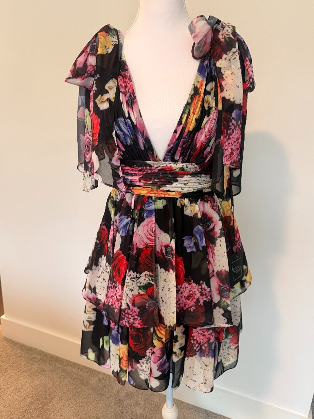 IEENA for Mac Duggal NWT Floral Tiered Mini Dress Size 4 Bow Shoulder Wedding